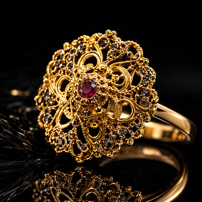 Traditional Indian Filigree Gold-Tone Floral Ring | Ruby Accent Statement Ring