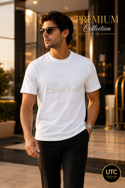 🤍 Calvin Klein Men's Premium Embossed Logo T-Shirt | White Cotton Crew Neck