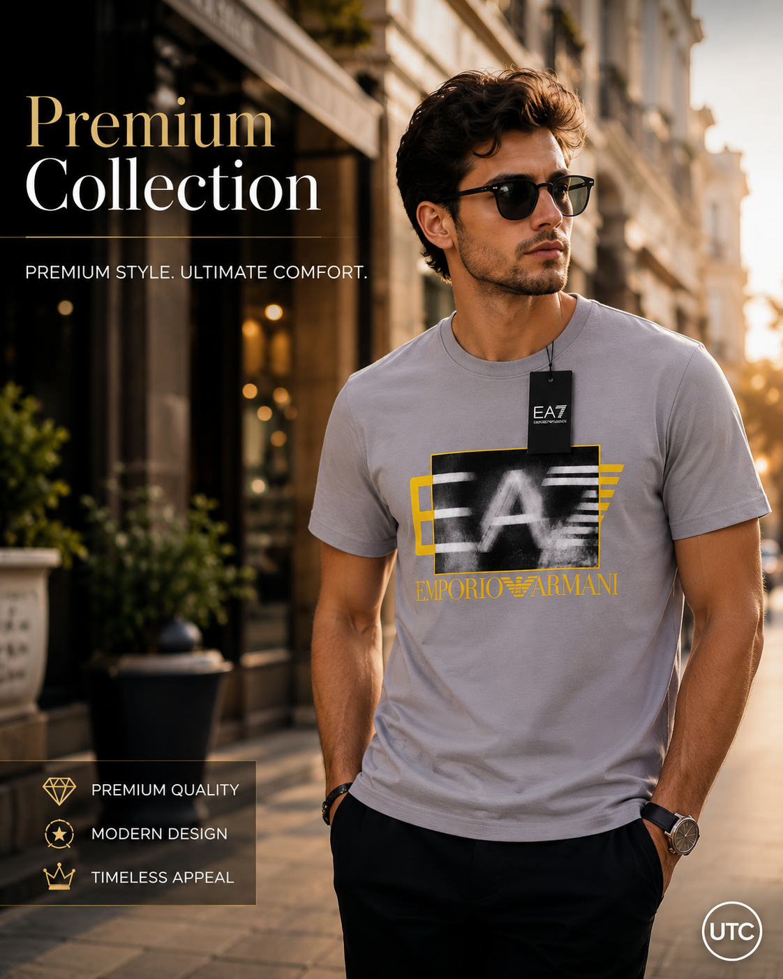 EA7 Emporio Armani Men's Premium Graphic T-Shirt | Grey Crew Neck Cotton Tee