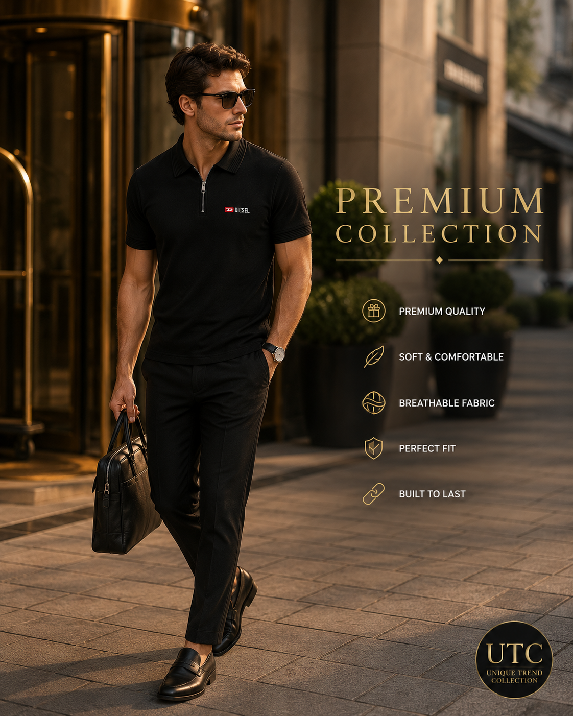 Diesel Men's Premium Black Zip Polo Shirt | Short Sleeve Cotton Polo | Designer Casual Wear