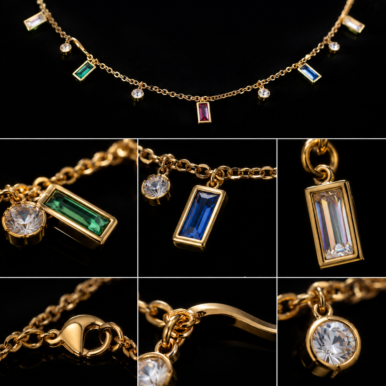 ✨ Luxury Multicolor Crystal Charm Necklace – Gold Plated Dainty Pendant Necklace for Women ✨