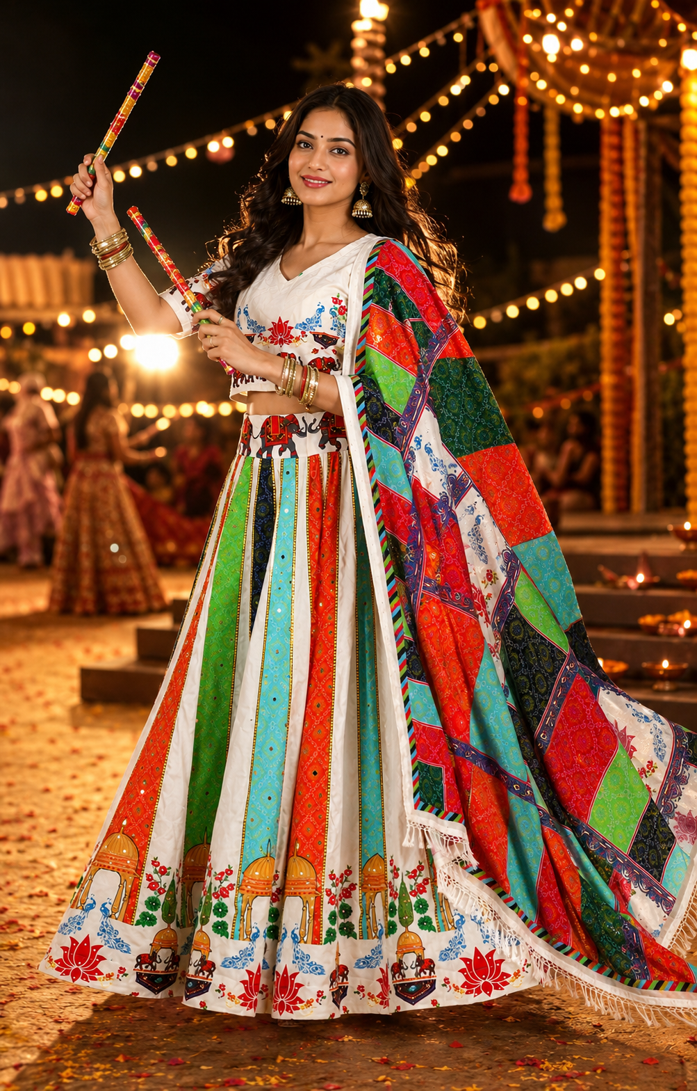Women’s White Multicolour Navratri Garba Chaniya Choli Set – 3 Piece