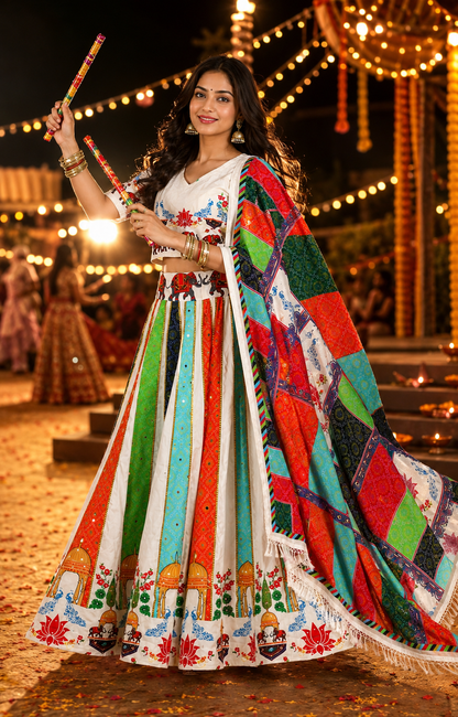 Women’s White Multicolour Navratri Garba Chaniya Choli Set – 3 Piece