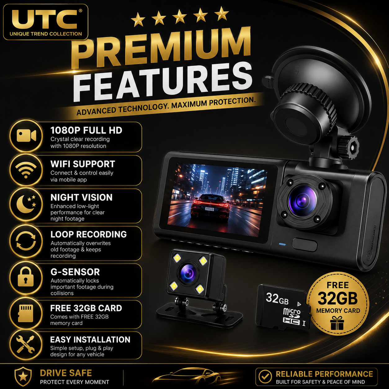 4G WiFi GPS 3-Channel Dash Cam | Front + Cabin + Rear | FREE 32GB Memory Card | Full HD 1080P