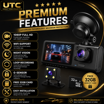 4G WiFi GPS 3-Channel Dash Cam | Front + Cabin + Rear | FREE 32GB Memory Card | Full HD 1080P