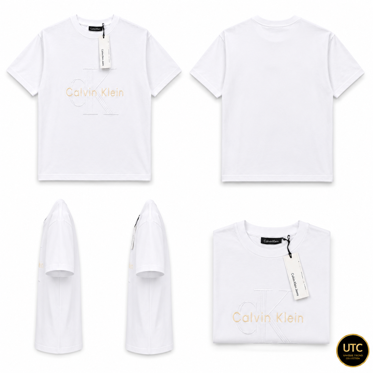 🤍 Calvin Klein Men's Premium Embossed Logo T-Shirt | White Cotton Crew Neck