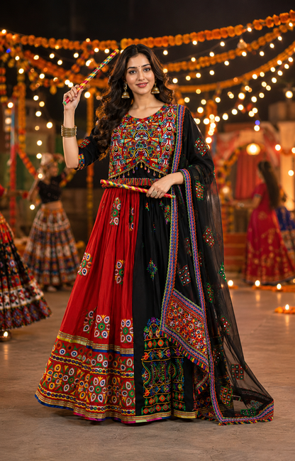 Women’s Red & Black Multicolour Navratri Garba Chaniya Choli Set – 3 Piece