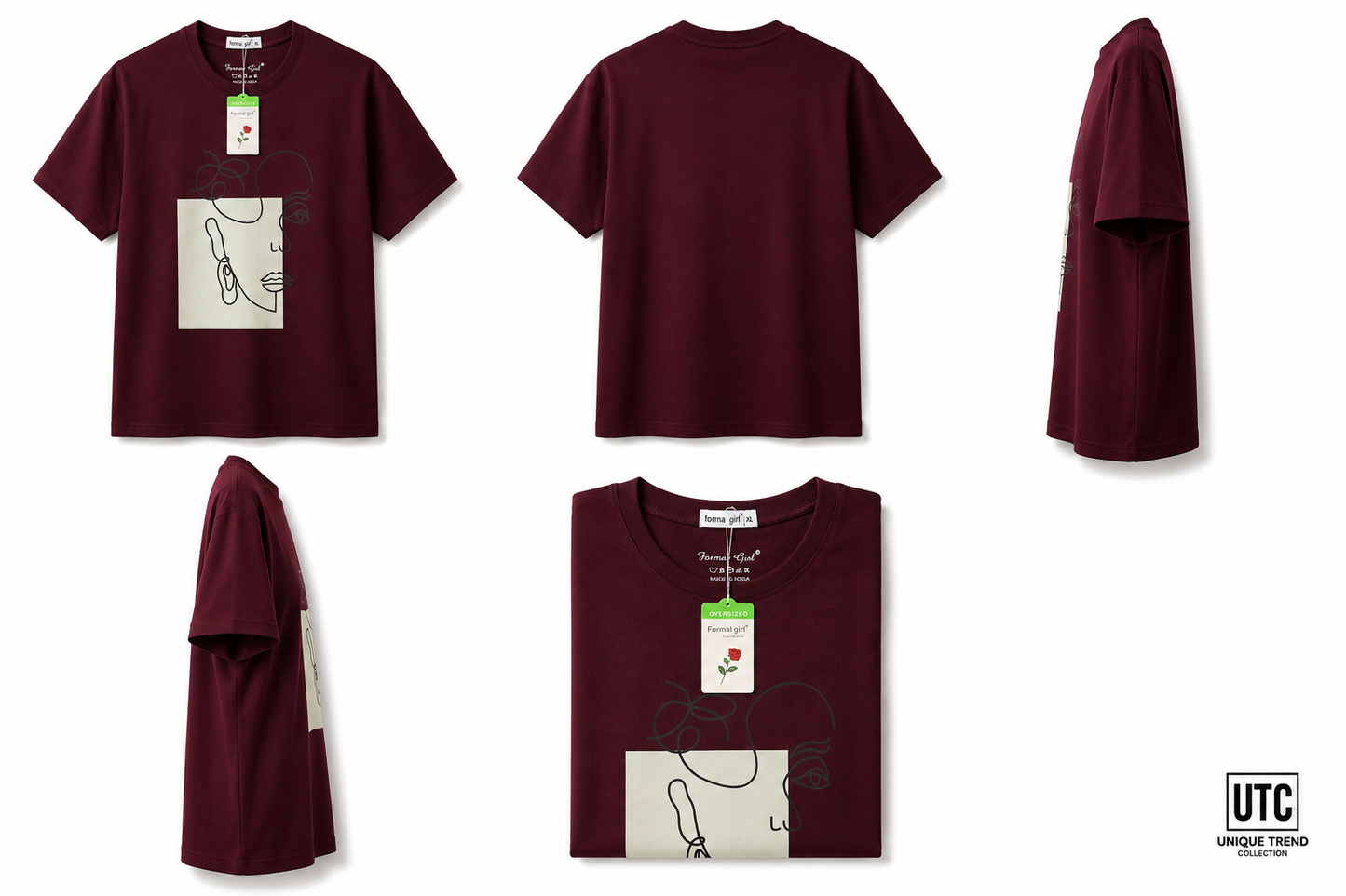 Formal Girl Women’s Oversized Burgundy Graphic T-Shirt – Abstract Face Print