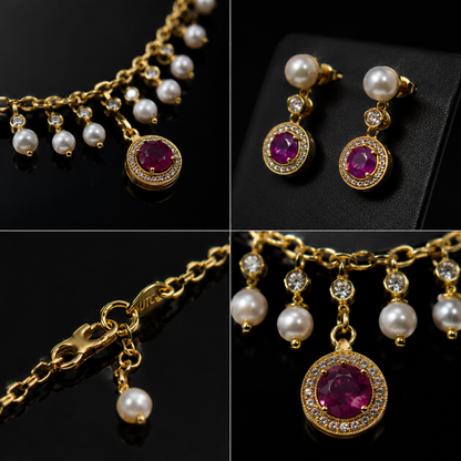 👑 Luxury Gold Pearl & Purple Crystal Necklace & Earrings Set for Women | Elegant Designer Jewelry Gift ✨