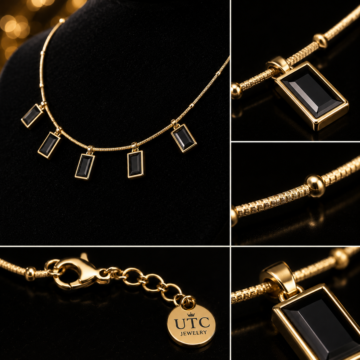✨ Black Crystal Gold Charm Necklace | Elegant Luxury Pendant Necklace for Women | UTC Jewelry