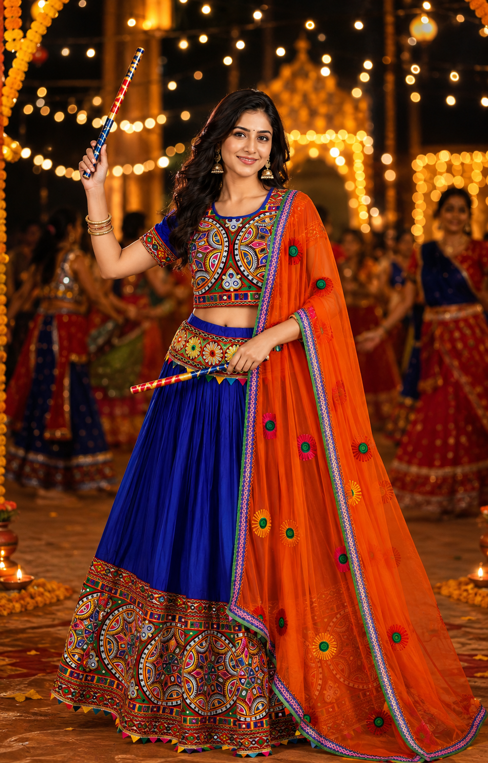 Women’s Royal Blue & Orange Navratri Garba Chaniya Choli Set – 3 Piece