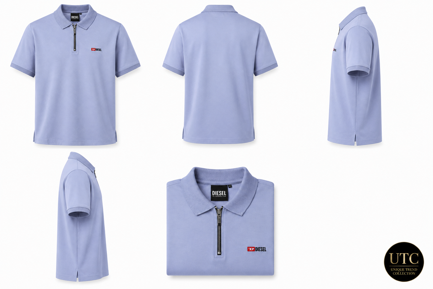 Diesel Men's Premium Light Blue Zip Polo Shirt | Soft Cotton Short Sleeve Casual Polo