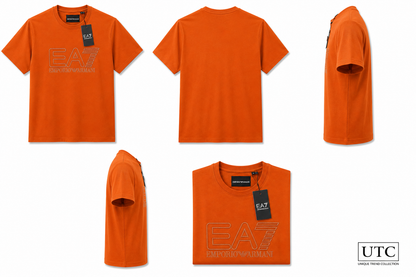 🧡 EA7 Emporio Armani Men's Premium Logo T-Shirt | Orange Cotton Crew Neck