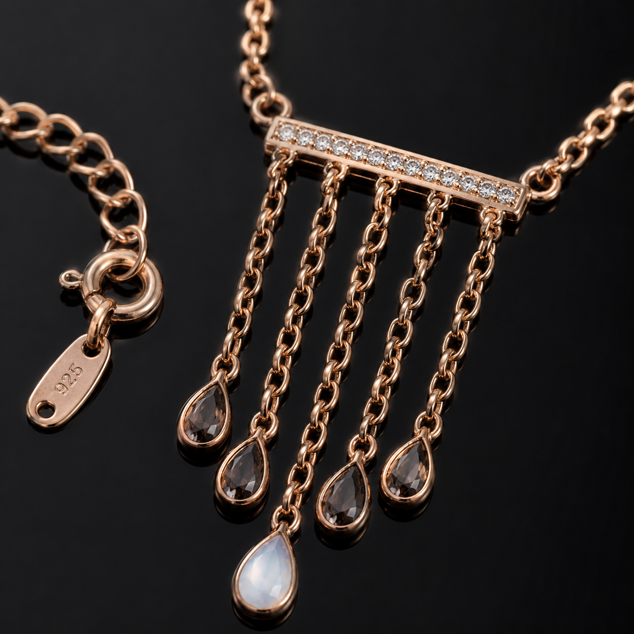 ✨ Rose Gold Moonstone Tassel Necklace – Elegant Crystal Pendant Jewelry for Women