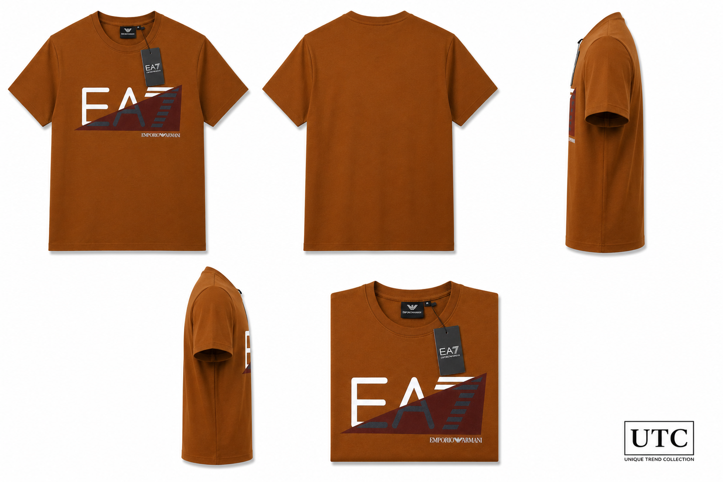 🤎 EA7 Emporio Armani Men's Premium Graphic Logo T-Shirt | Brown Cotton Crew Neck