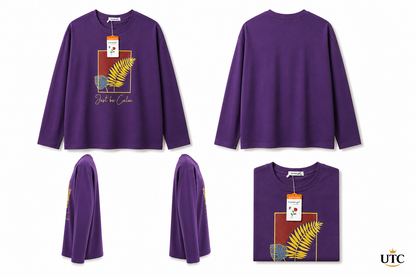Women's Premium Oversized Long Sleeve Graphic Cotton T-Shirt – Purple | Just Be Calm Casual Crew Neck Tee