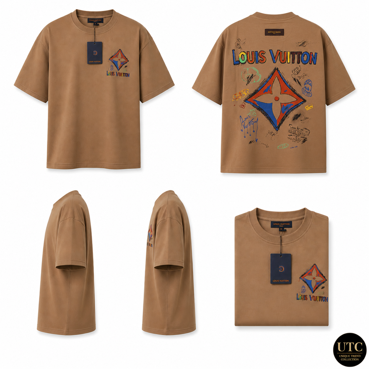 Louis Vuitton Men's Premium Cotton Short Sleeve T-Shirt | Luxury Casual Crew Neck | Camel Brown