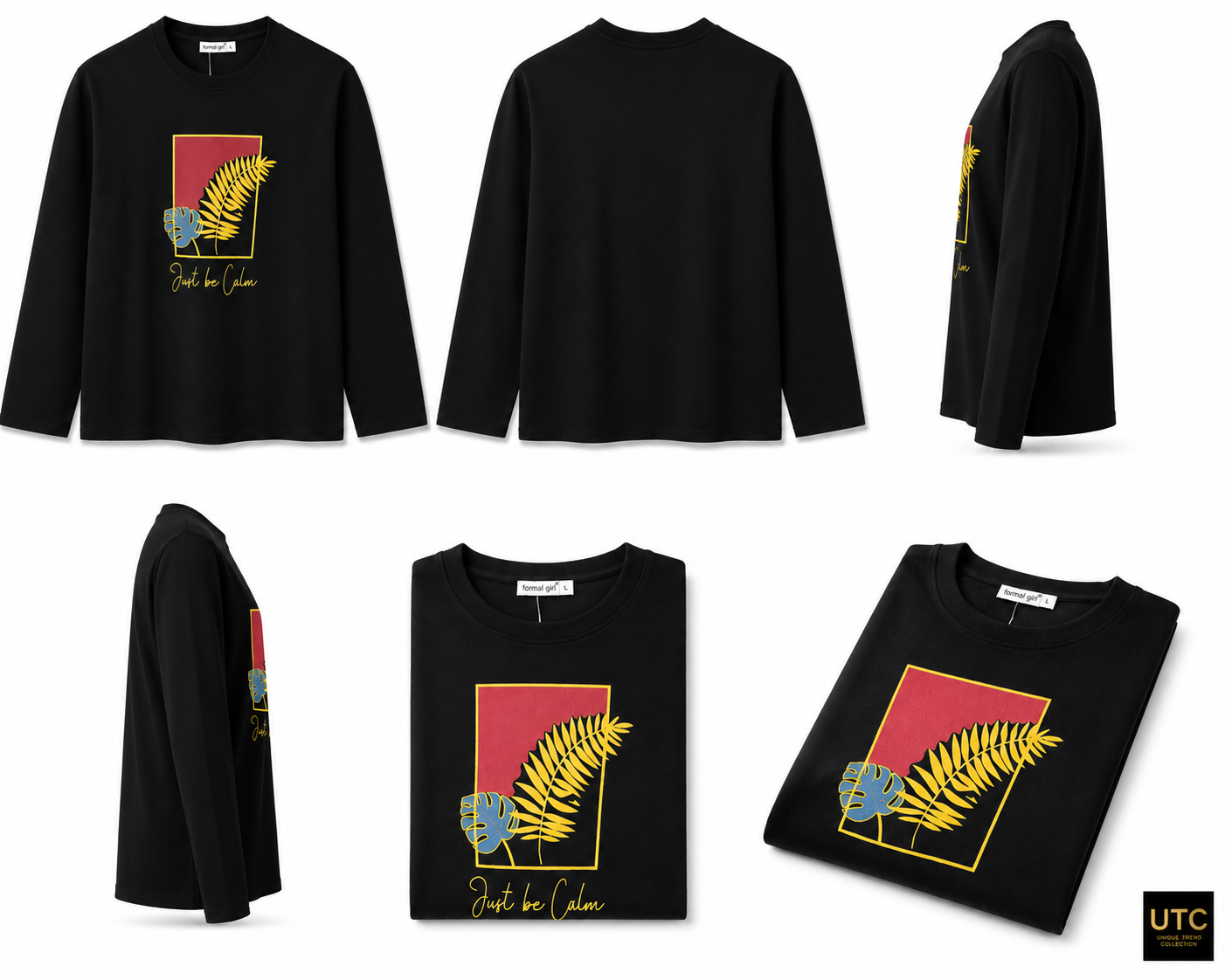 Women’s Premium Black “Just Be Calm” Graphic Long-Sleeve T-Shirt | Botanical Casual Top