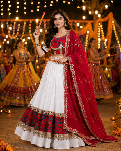 Women’s Red & White Navratri Lehenga Choli Set with Red Dupatta – 3 Piece