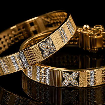 ✨ Traditional Indian Gold-Tone Designer Bangle Set | Floral Crystal Women's Kada (Pair)