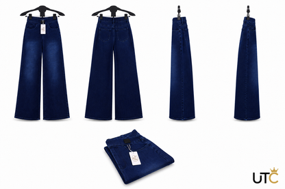 GREY RABBIT Women's Dark Blue Wide-Leg Jeans – High-Waist Stretch Denim Pants