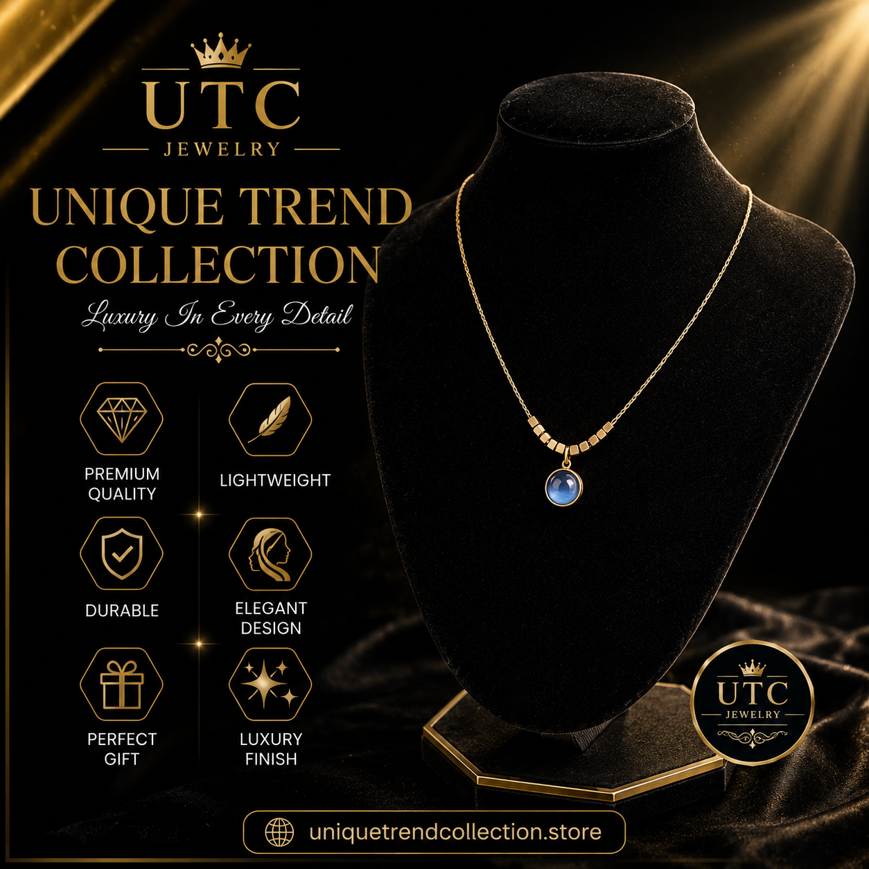 💙✨ Blue Moonstone Gold Pendant Necklace for Women | Elegant Minimalist Necklace | UTC Jewelry