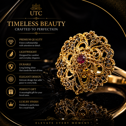 Traditional Indian Filigree Gold-Tone Floral Ring | Ruby Accent Statement Ring