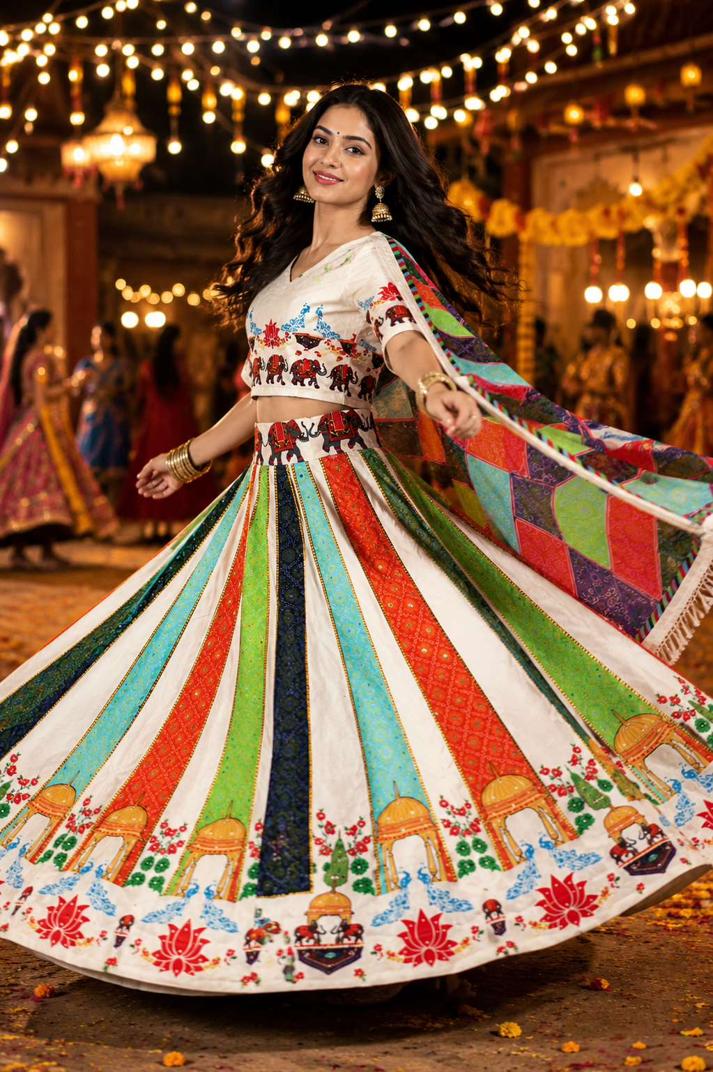 Women’s White Multicolour Navratri Garba Chaniya Choli Set – 3 Piece