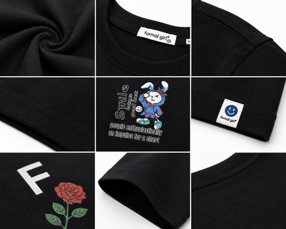 Women's Premium Oversized Cotton Graphic T-Shirt – Black | Smile Casual Crew Neck Tee