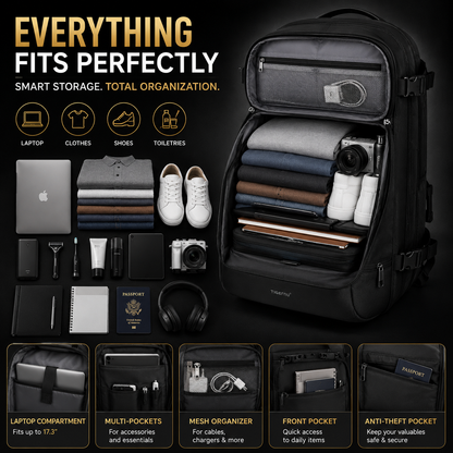 Tigernu Waterproof Vacuum Compression Laptop Backpack | Built-in Electric Vacuum Compression | Expandable 27L–37L | Anti-Theft | USB Charging | Fits 17" Laptop