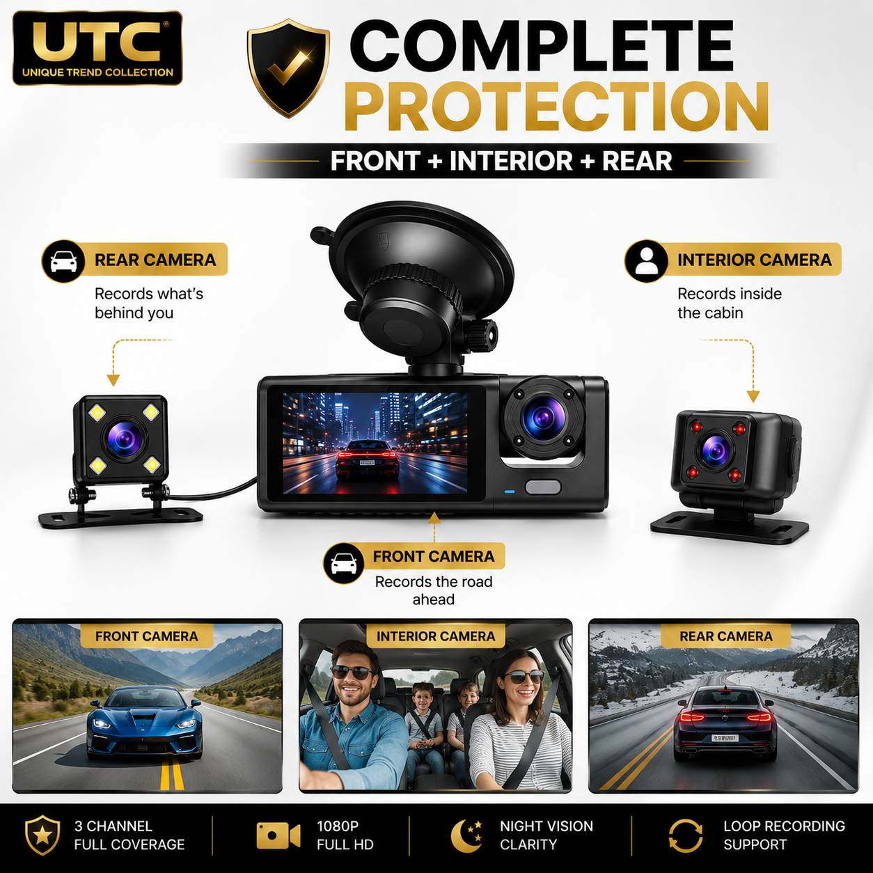 4G WiFi GPS 3-Channel Dash Cam | Front + Cabin + Rear | FREE 32GB Memory Card | Full HD 1080P