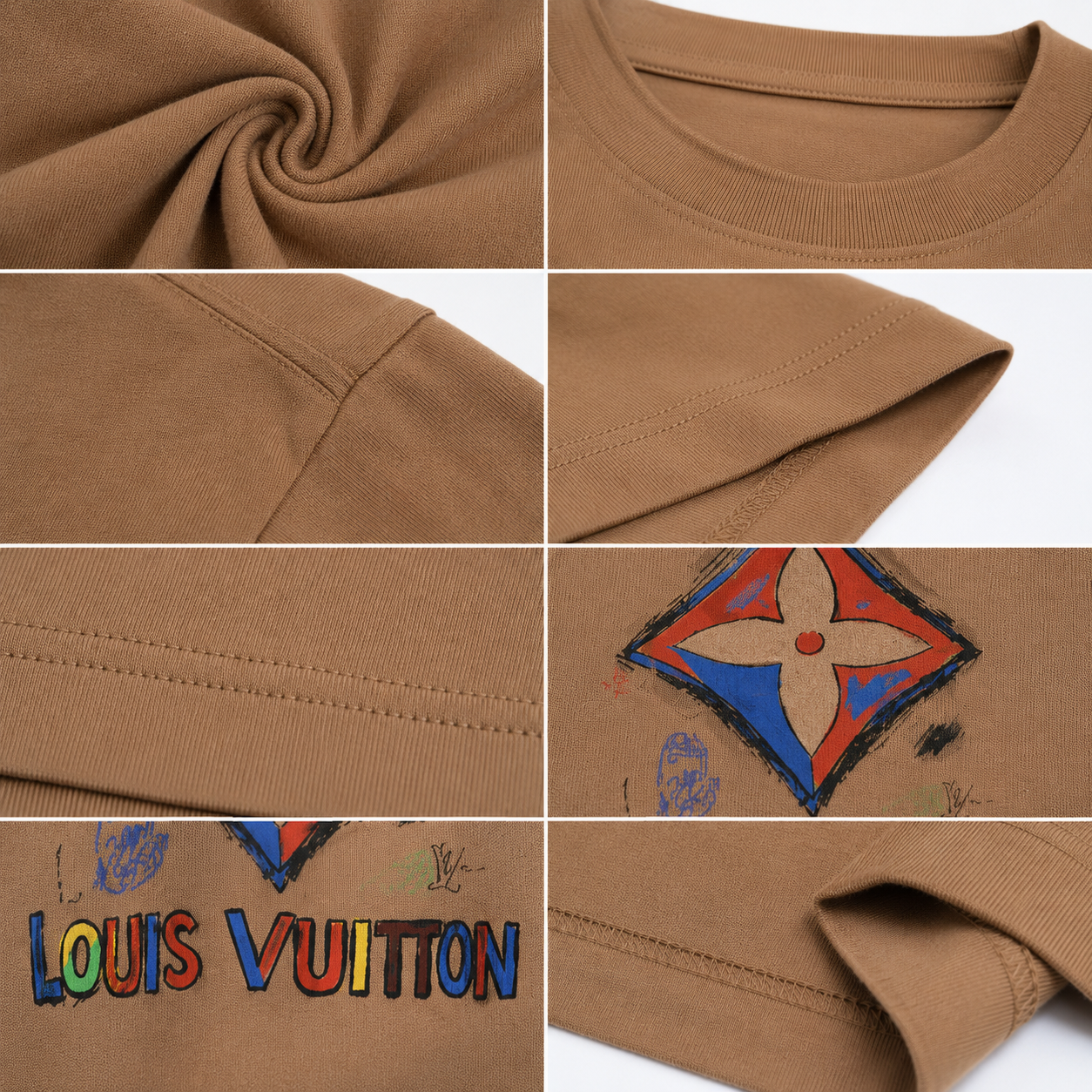 Louis Vuitton Men's Premium Cotton Short Sleeve T-Shirt | Luxury Casual Crew Neck | Camel Brown