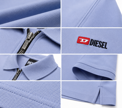 Diesel Men's Premium Light Blue Zip Polo Shirt | Soft Cotton Short Sleeve Casual Polo