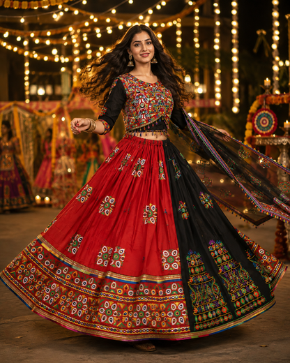 Women’s Red & Black Multicolour Navratri Garba Chaniya Choli Set – 3 Piece