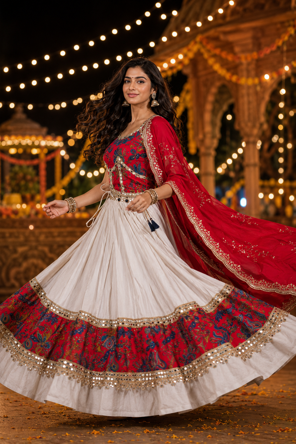 Women’s Red & White Navratri Lehenga Choli Set with Red Dupatta – 3 Piece