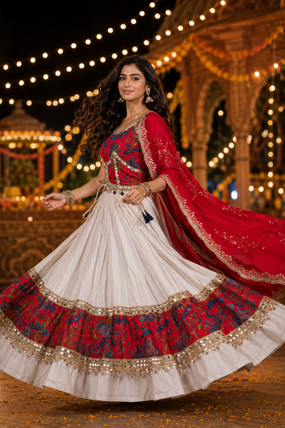 Women’s Red & White Navratri Lehenga Choli Set with Red Dupatta – 3 Piece