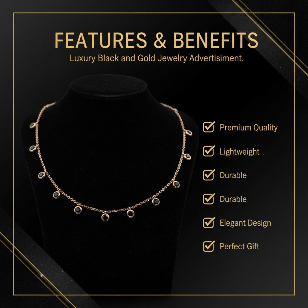 ✨ Elegant Black Crystal Charm Necklace for Women | Dainty Gold-Tone Necklace ✨