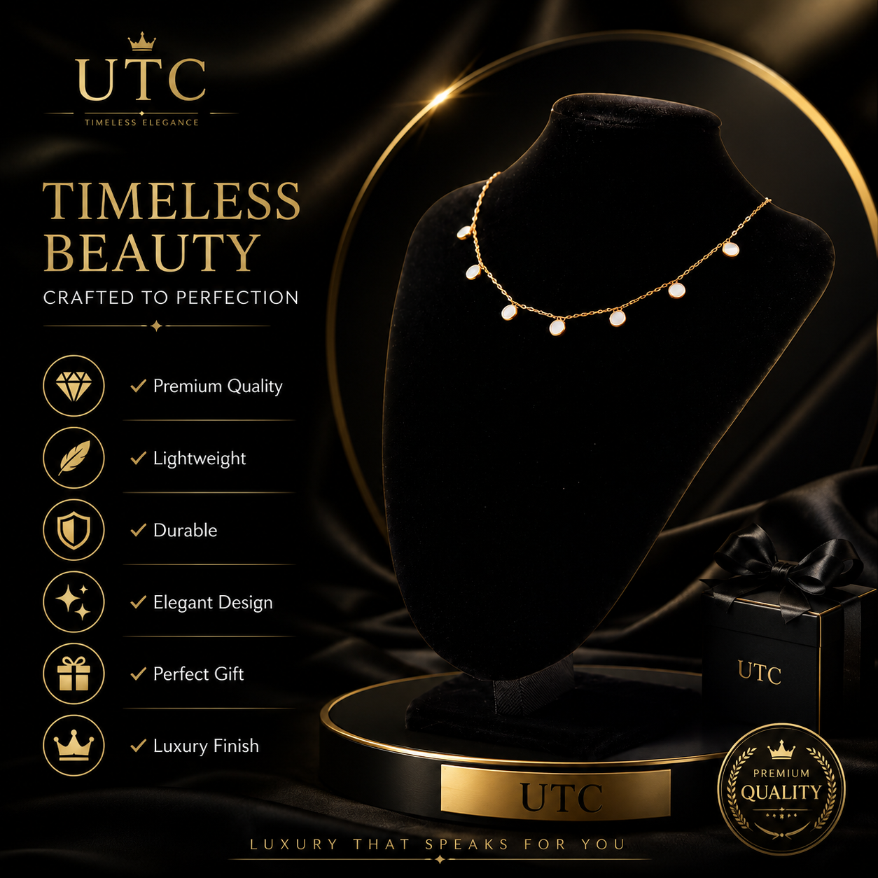 ✨ UTC Luxury White Crystal Charm Necklace ✨ | Elegant Gold-Tone Adjustable Women's Jewelry 💎