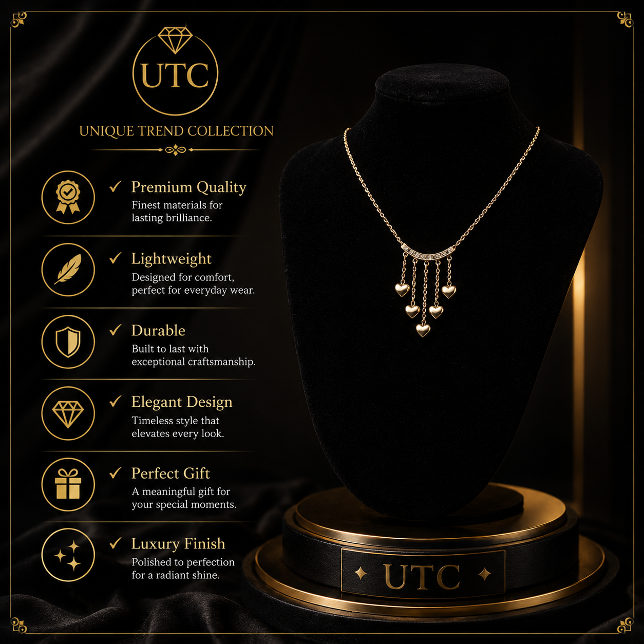 💖 UTC Luxury Heart Tassel Necklace for Women | Elegant Gold Crystal Pendant