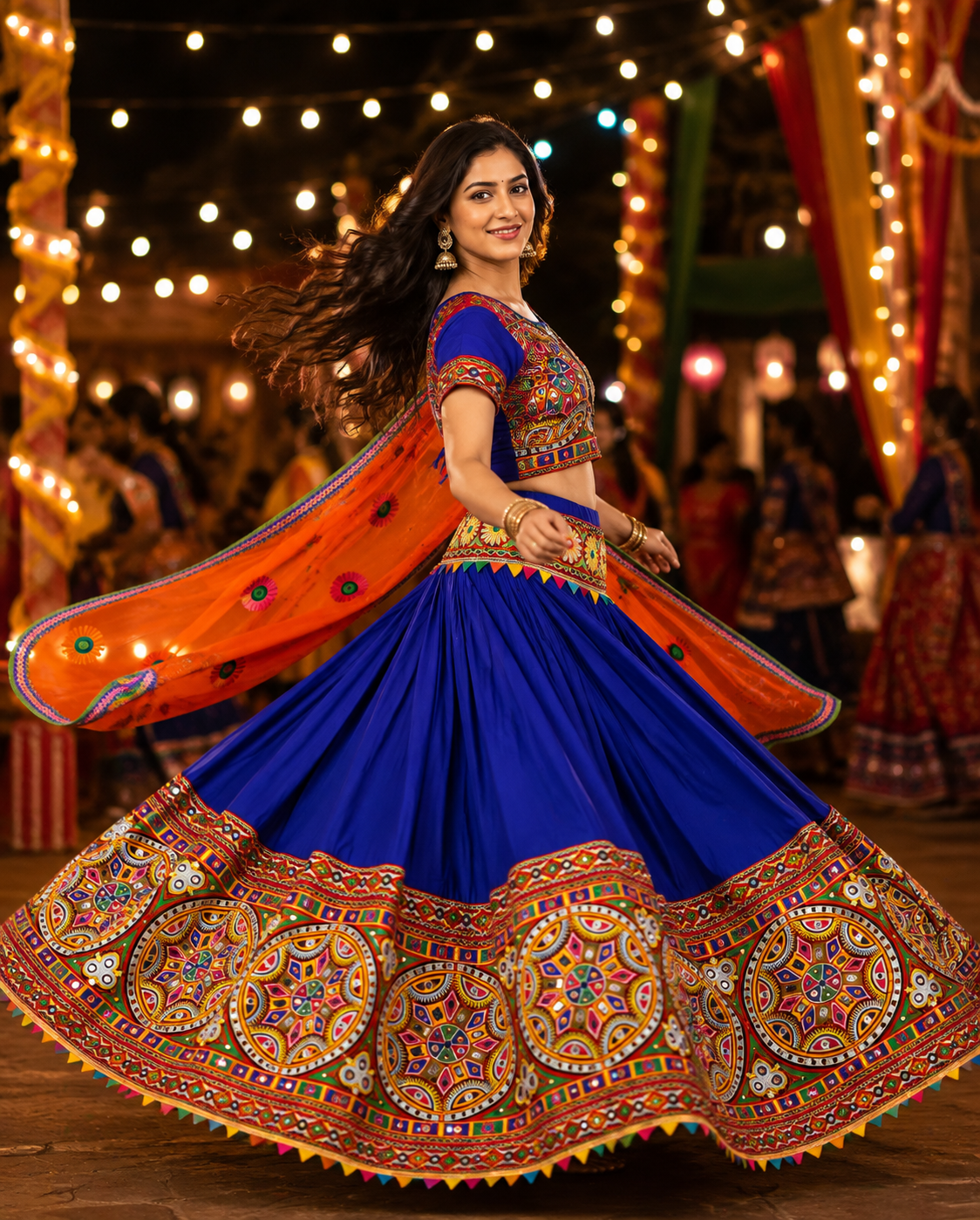 Women’s Royal Blue & Orange Navratri Garba Chaniya Choli Set – 3 Piece