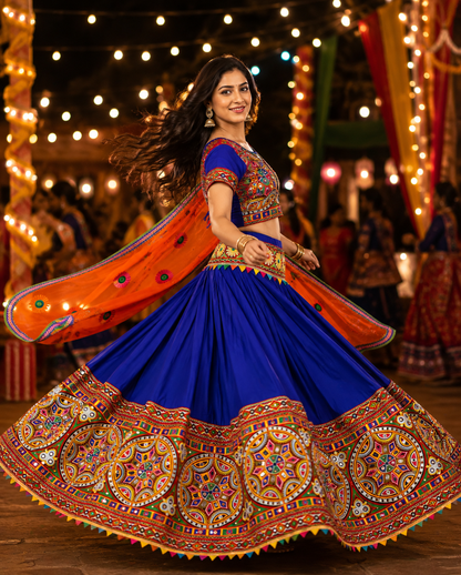 Women’s Royal Blue & Orange Navratri Garba Chaniya Choli Set – 3 Piece