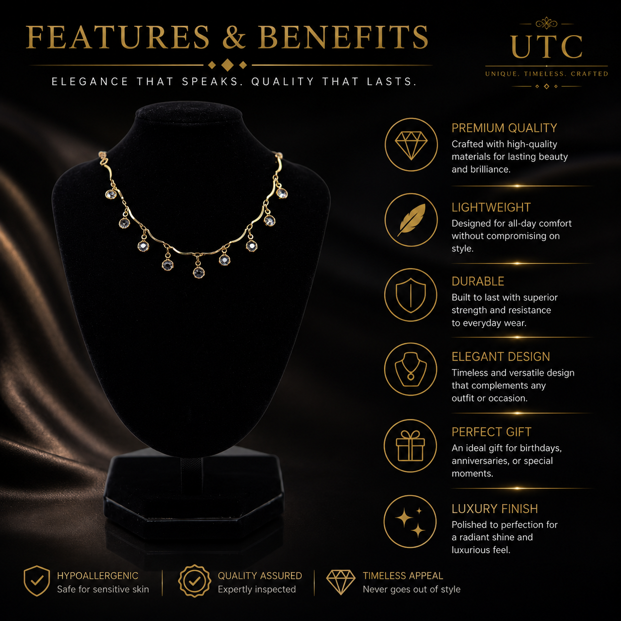 ✨ UTC Luxury Crystal Drop Necklace for Women | Elegant Gold-Tone Adjustable Jewelry ✨