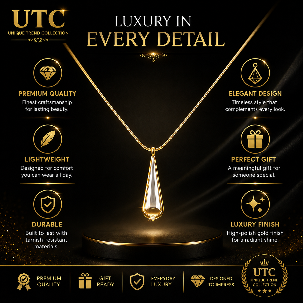 Luxury Crystal Teardrop Necklace – Gold Plated Elegant Pendant for Women
