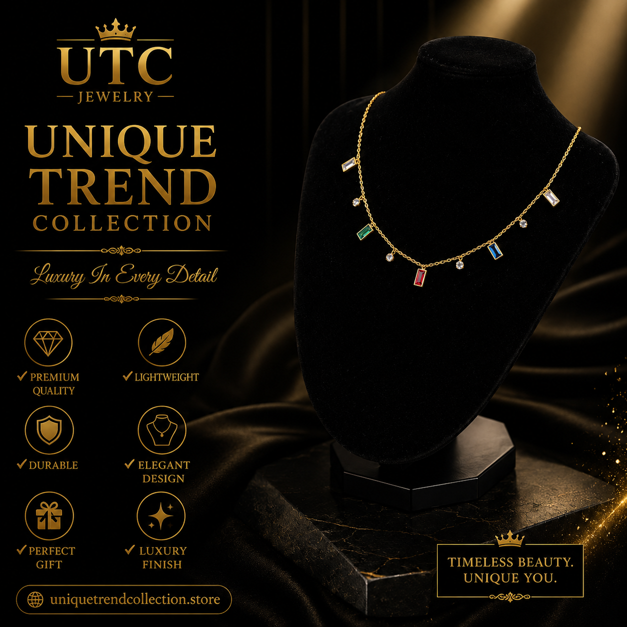 ✨ Luxury Multicolor Crystal Charm Necklace – Gold Plated Dainty Pendant Necklace for Women ✨