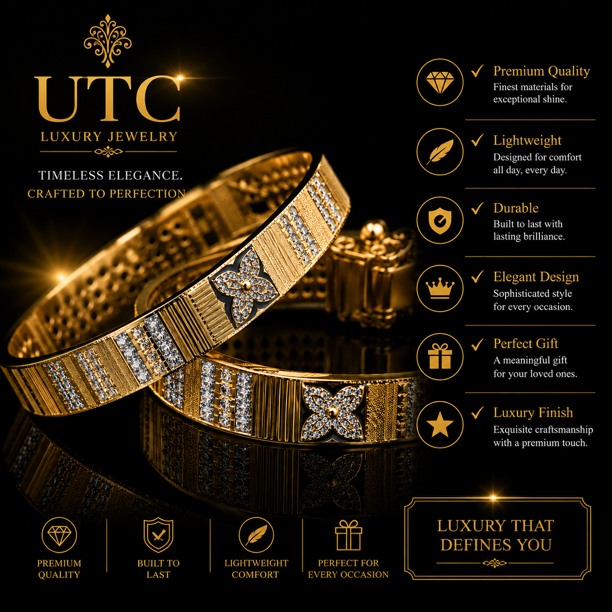 ✨ Traditional Indian Gold-Tone Designer Bangle Set | Floral Crystal Women's Kada (Pair)