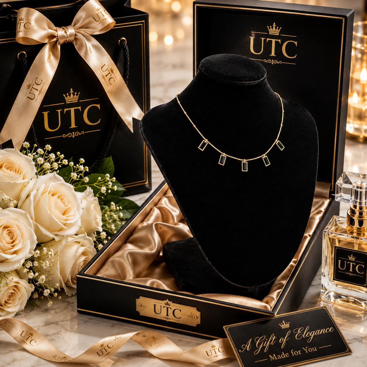 ✨ Black Crystal Gold Charm Necklace | Elegant Luxury Pendant Necklace for Women | UTC Jewelry