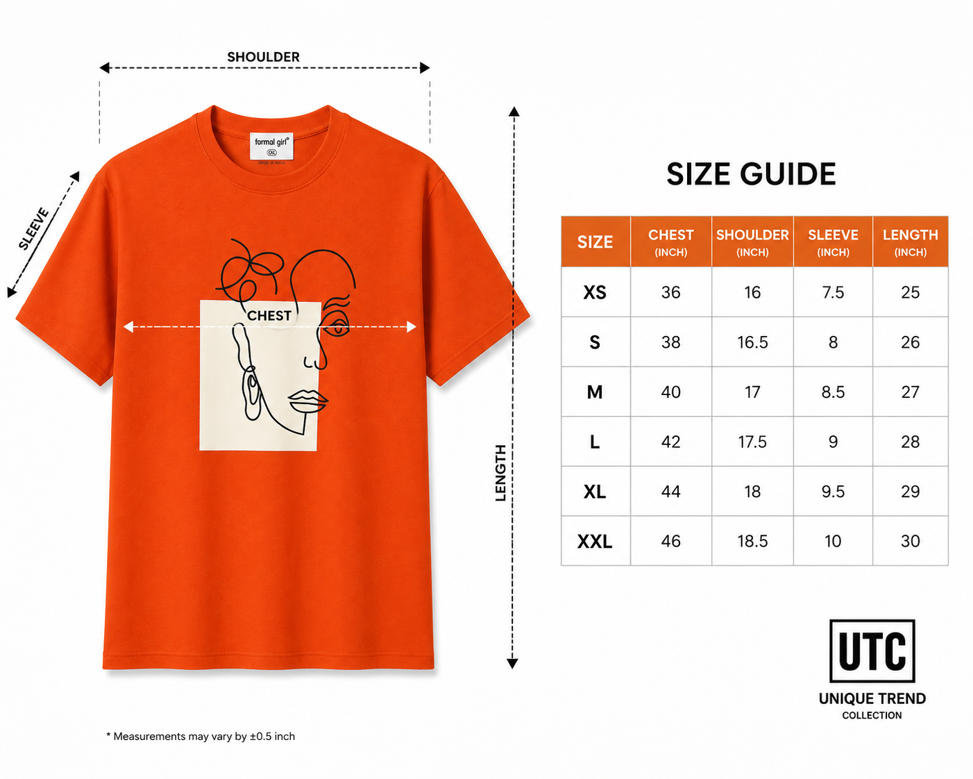 Formal Girl Women’s Orange Graphic T-Shirt – Abstract Face Print Crew Neck Tee