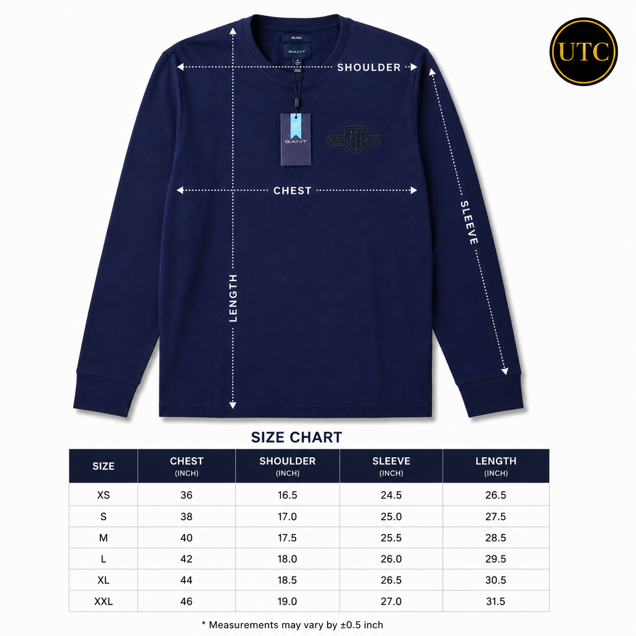 💙✨ GANT Men's Premium Navy Long Sleeve T-Shirt 👕 | 100% Soft Cotton Crew Neck | Luxury Casual Everyday Wear
