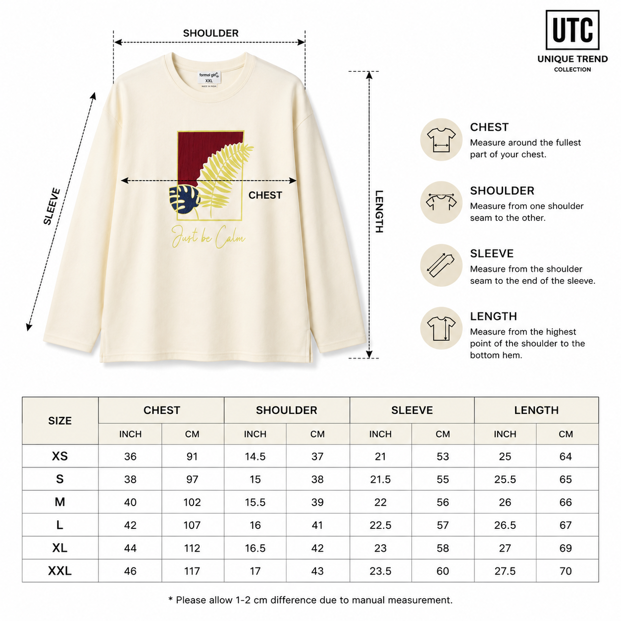 Formal Girl Women’s Cream Long Sleeve Graphic T-Shirt – Just Be Calm Casual Top
