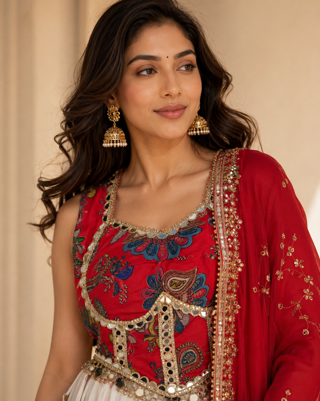 Women’s Red & White Navratri Lehenga Choli Set with Red Dupatta – 3 Piece